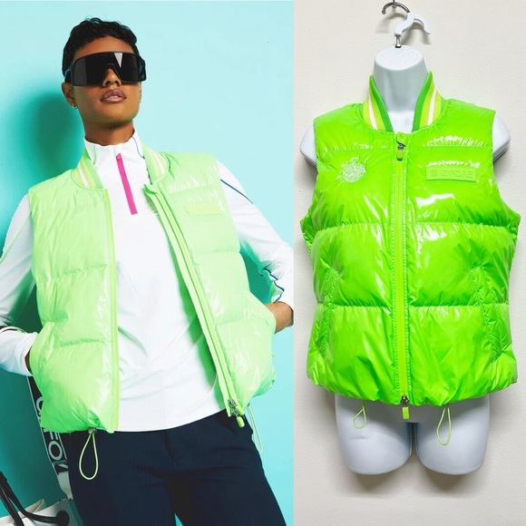 GFore Womens Neon Green Circle Gs Coated Nylon Quilted Puffer Golf Vest Size XS - Picture 1 of 16
